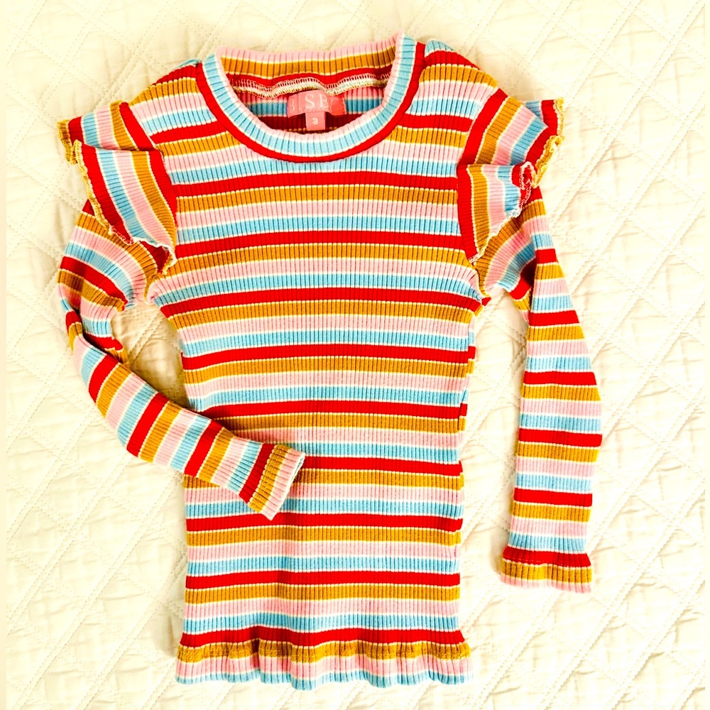 BISBY - Colorful Striped Sadie Top, Long-Sleeve with Ruffles, Girls Size 3